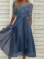 A-line Scoop 1/2 Sleeves Appliques Lace Tea-Length Chiffon Mother of the Bride Dress