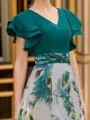 A-line V-neck Short Sleeves Ruffles Tea-Length Mother of the Bride Dress