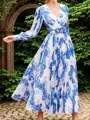 A-line V-neck Long Sleeves Flower Tea-Length Mother of the Bride Dress
