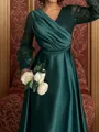 A-line V-neck Long Sleeves Pleated Tea-Length Silk Like Satin Corset Mother of the Bride Dress