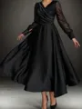 A-line V-neck Long Sleeves Pleated Tea-Length Silk Like Satin Corset Mother of the Bride Dress