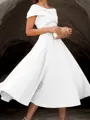 A-line Off-the-Shoulder Pleated Tea-Length Satin Corset Mother of the Bride Dress