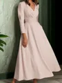 A-line V-neck Long Sleeves Pleated Ankle-Length Stretch Crepe Mother of the Bride Dress