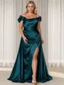 Sheath/Column Silk like Satin Off the Shoulder Sleeveless Sweep Train Leg Slit Mother of the Bride Dress
