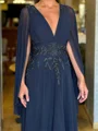 A-line V-neck Long Sleeves Beading Floor-Length Chiffon Corset Mother of the Bride Dress