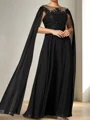 A-line Scoop Short Sleeves Appliques Lace Floor-Length Chiffon Corset Mother of the Bride Dress
