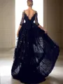 A-Line/Princess V-neck Sweep Train Lace Prom Dress With Belt/Sash