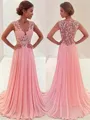 A-Line/Princess V-neck Sweep Train Chiffon Prom Dress With Appliques Lace