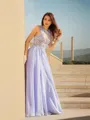 A-Line/Princess Scoop Sweep Train Chiffon Prom Dress With Appliques Lace