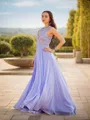 A-Line/Princess Scoop Sweep Train Chiffon Prom Dress With Appliques Lace
