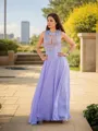 A-Line/Princess Scoop Sweep Train Chiffon Prom Dress With Appliques Lace