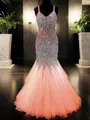 Trumpet/Mermaid V-neck Floor-Length Tulle Prom Dress With Rhinestone
