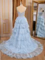 A-line Tulle Off-the-Shoulder Appliques Lace Court Train Corset Porm Dress