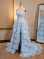 A-line Tulle Off-the-Shoulder Appliques Lace Court Train Corset Porm Dress