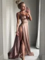 A-Line/Princess V-neck Sweep Train Silk like Satin Prom Dress With Leg Slit