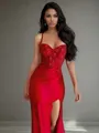 Sheath Spaghetti Straps Appliques Lace Floor-Length Silk Like Satin Porm Dress