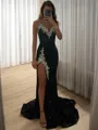 Sheath V-neck Rhinestone Sweep Train Velvet Sequins Porm Dress