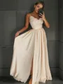 A-Line/Princess V-neck Floor-Length Silk like Satin Prom Dress With Leg Slit