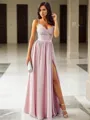A-Line/Princess V-neck Floor-Length Silk like Satin Prom Dress With Leg Slit