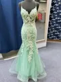 Mermaid V-neck Appliques Lace Floor-Length Tulle Corset Porm Dress