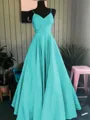 A-Line/Princess Spaghetti Straps Floor-Length Satin Prom Dress With Ruffles