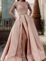 A-Line/Princess Scoop Sweep Train Satin Prom Dress With Pockets