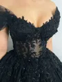 A-line Off-the-Shoulder Appliques Lace Floor-Length Tulle Corset Porm Dress