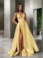 A-Line/Princess Spaghetti Straps Floor-Length Satin Prom Dress With Leg Slit