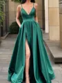 A-Line/Princess Spaghetti Straps Floor-Length Satin Prom Dress With Leg Slit
