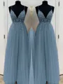 A-Line/Princess V-neck Floor-Length Tulle Prom Dress With Beading