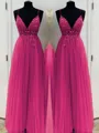 A-Line/Princess V-neck Floor-Length Tulle Prom Dress With Beading
