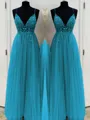 A-Line/Princess V-neck Floor-Length Tulle Prom Dress With Beading