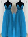 A-Line/Princess V-neck Floor-Length Tulle Prom Dress With Beading