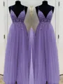A-Line/Princess V-neck Floor-Length Tulle Prom Dress With Beading