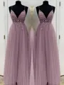 A-Line/Princess V-neck Floor-Length Tulle Prom Dress With Beading