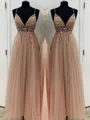 A-Line/Princess V-neck Floor-Length Tulle Prom Dress With Beading