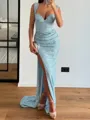 Sheath/Column V-neck Sleeveless Court Train Leg Slit Porm Dress