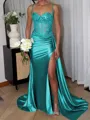 Sheath/Column Silk Like Satin Spaghetti Straps Sleeveless Sweep Train Leg Slit Porm Dress