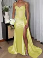 Sheath/Column Silk Like Satin Spaghetti Straps Sleeveless Sweep Train Leg Slit Porm Dress