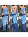 Sheath/Column Velvet Sequins Spaghetti Straps Sleeveless Sweep Train Leg Slit Porm Dress