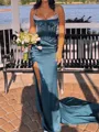 Sheath Spaghetti Straps Rhinestone Court Train Silk Like Satin Corset Porm Dress
