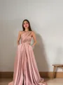 A-Line/Princess One-Shoulder Sweep Train Satin Prom Dress With Pockets