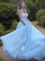 A-Line/Princess Bateau Sweep Train Tulle Prom Dress With Appliques Lace