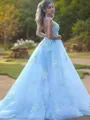 A-Line/Princess Bateau Sweep Train Tulle Prom Dress With Appliques Lace