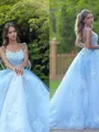 A-Line/Princess Bateau Sweep Train Tulle Prom Dress With Appliques Lace