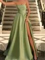 A-line Straight Pleated Floor-Length Satin Porm Dress