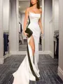 Sheath/Column Strapless Court Train Silk Like Satin Prom Dress With Leg Slit