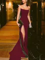Sheath/Column Strapless Court Train Silk Like Satin Prom Dress With Leg Slit