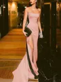 Sheath/Column Strapless Court Train Silk Like Satin Prom Dress With Leg Slit