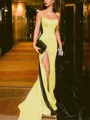 Sheath/Column Strapless Court Train Silk Like Satin Prom Dress With Leg Slit